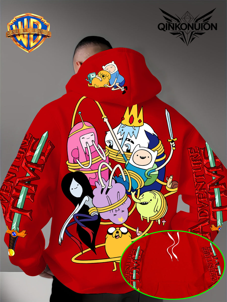 Warner Official Men's Hooded Sweatshirt, Adventure Treasure Rope Wrapped Character Group Cartoon Print Design, Machine Washable, Warm and Casual for Autumn and Winter, Daily Drawstring Hooded Sweatshirt, Multifunctional Sports and Casual Loose Fit - Red