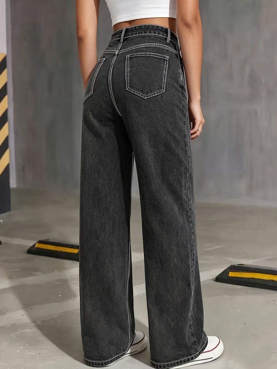 New Women'S Dragonfly Embroidery Straight-Leg Jeans, Loose Comfortable Fit, Fashionable Cut, Trendy Street Style, Suitable for Casual Outings, Casual All-Match - Dark Gray