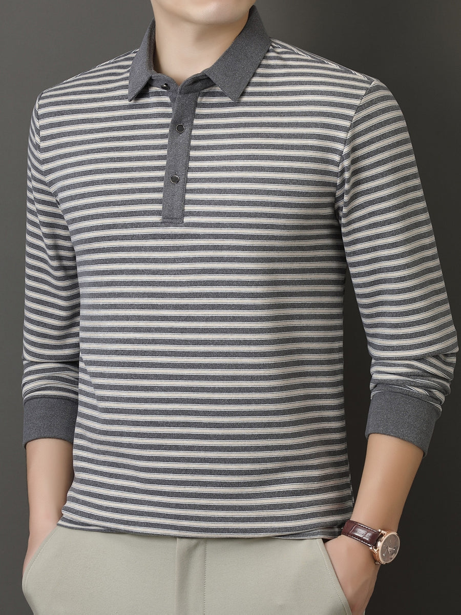 Men's Autumn/Winter Long-Sleeve Polo Shirt, Warm, Classic Striped, Simple and Elegant, Breathable, for Outdoor Wear, Skin-Friendly, with Lapel, Versatile, Ideal for Commuting and Business - Grey