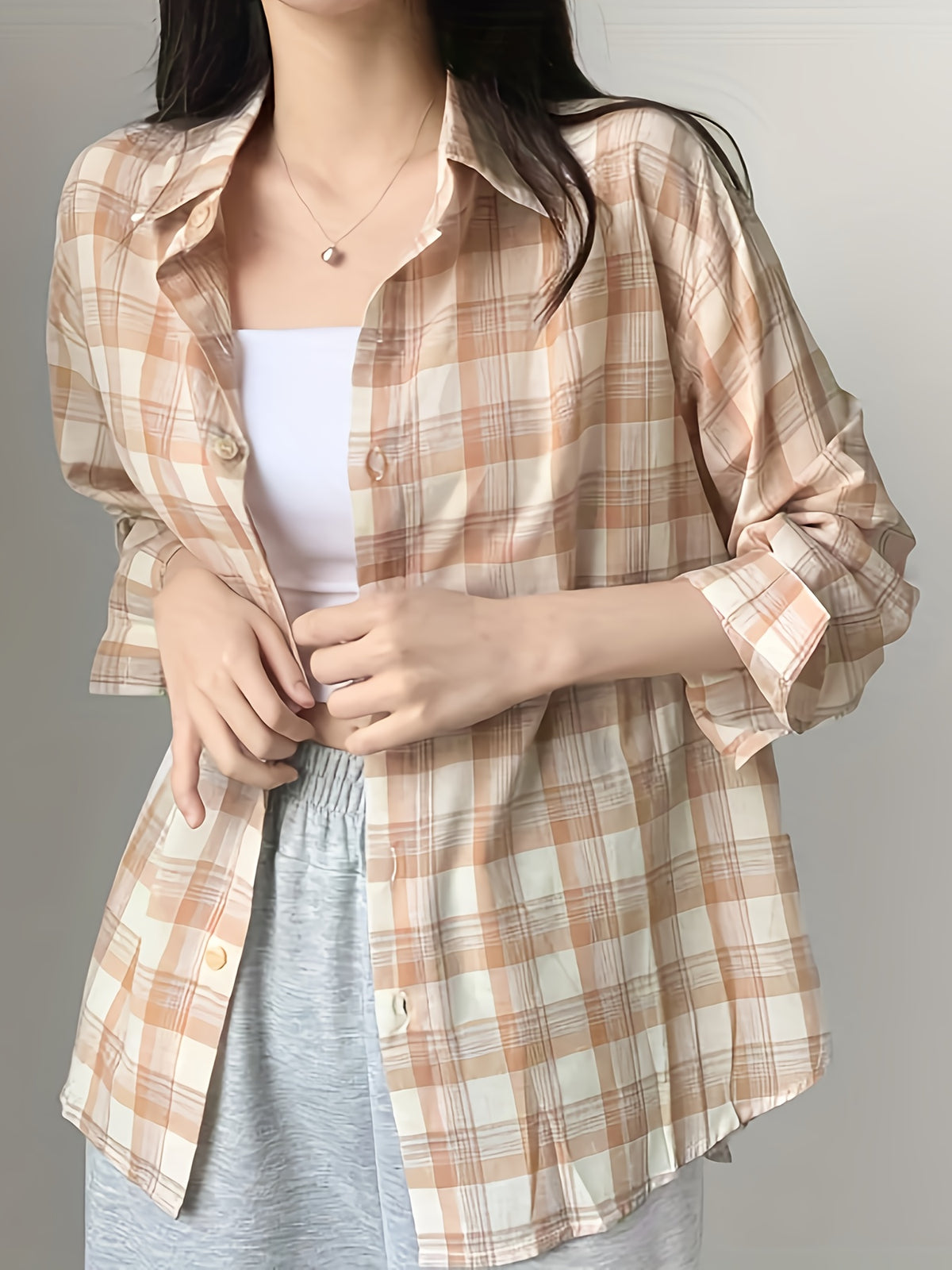 Women's Casual Plaid Shirt - Korean-Inspired Oversized Long Sleeve Button-Up with Checkered Pattern, Lightweight Breathable Fabric for Spring/Summer, Machine Washable Loose Fit Blouse, Summer Outfit, Soft Texture, Buttondown Top, Adults - Orange-Red