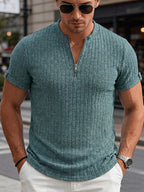 Men'S Fashion Top, Spring Summer Outdoor Casual Textured Ribbed Fabric, Zipper Neck Design Short Sleeve Patchwork Button, Men'S Henley Shirt - Sky Blue