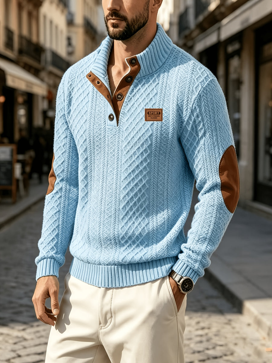 Men'S Casual Sports Sweater, Knit Sweater, American Casual Textured Diamond Knit Top, Men'S Stand Collar Contrast Color Button-Up Loose All-Match Retro Velvet Sweater Jacket, Autumn Winter Casual Sweater, Multi-Color Available - Sky Blue