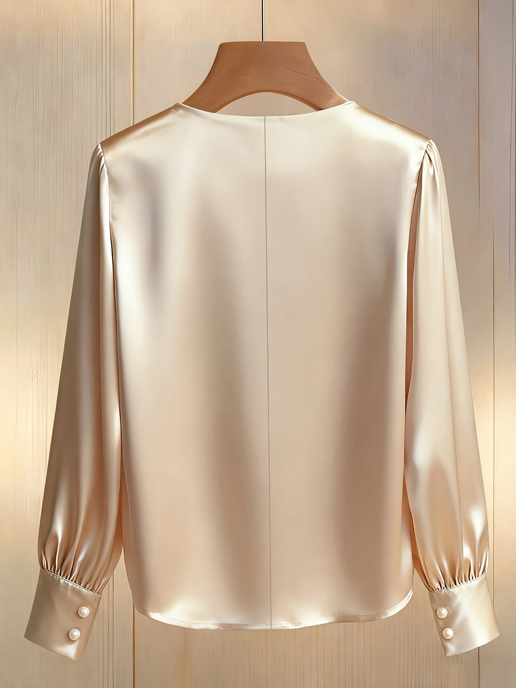 Ladies' Champagne-colored Elegant Round-neck V-neck Pearl-embellished Long-sleeve Shirt, Made of Satin Fabric, Suitable for Commuting and Daily Elegant Wear. Elegant Special - Apricot
