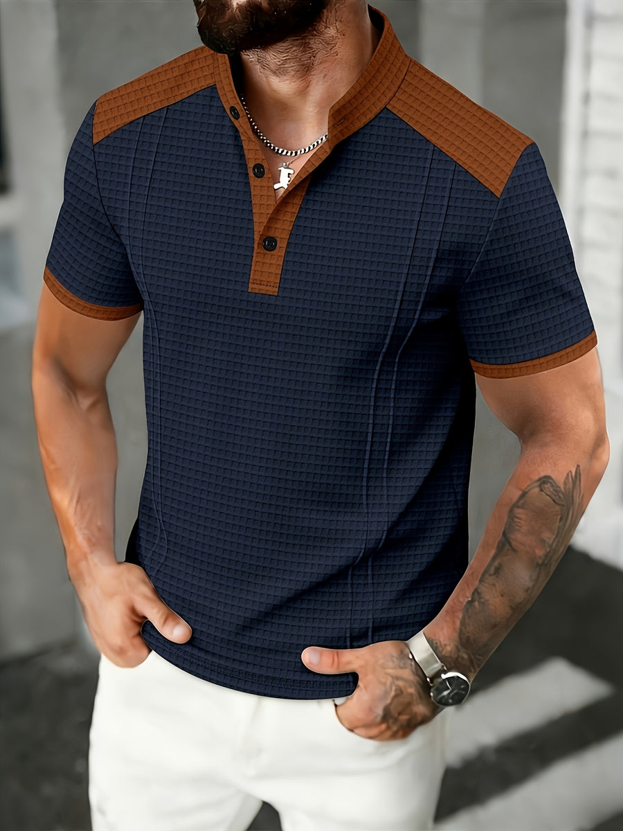 Men'S Short-Sleeve Plaid Knit Henley Shirt with Contrasting Brown Trim, Featuring a Stand Collar Design, Casual Button-Up Front, Breathable Vintage Street Style Clothing - Navy Color