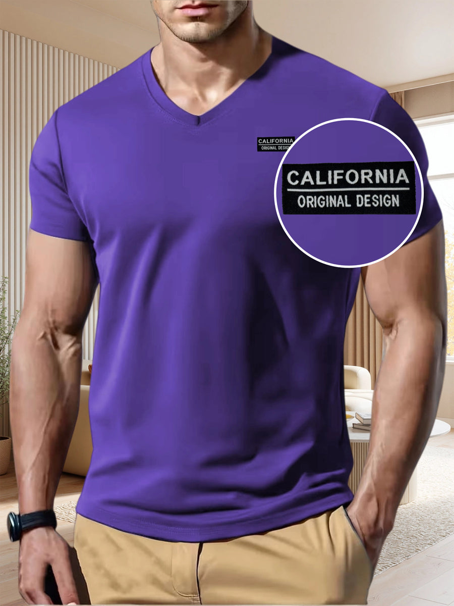 [180G 100C] Men'S V-Neck T-Shirt Solid Color Short Sleeve Top Casual Base Layer, "CALIFORNIA" Letter Print, Men'S All-Season Daily Wear, Father'S Day Gift, Back-To-School Season, Date Night, Designed Clothing - Purple