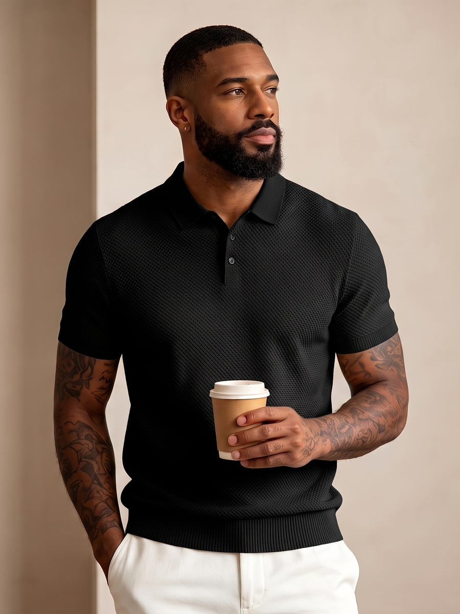 Men's Mature Business Style Knit Polo Shirt, 100% Pure Fabric, Breathable and Skin-friendly. Honeycomb Texture Jacquard Design, Simple Solid Color, Paired with a Three-button Lapel Collar, Clean Cut for a Flattering Fit. Suitable for Summer Commuting - Soot Black