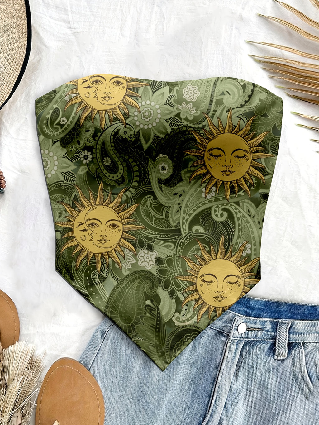 Women'S Spring/Summer New Brand Special Boho Beach Tropical Vacation Outfits | Retro Sun Pattern Print Slim Fit Bustier Crop Tops with Asymmetrical Bandeau Collar - Dark Green