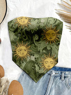 Women'S Spring/Summer New Brand Special Boho Beach Tropical Vacation Outfits | Retro Sun Pattern Print Slim Fit Bustier Crop Tops with Asymmetrical Bandeau Collar - Dark Green