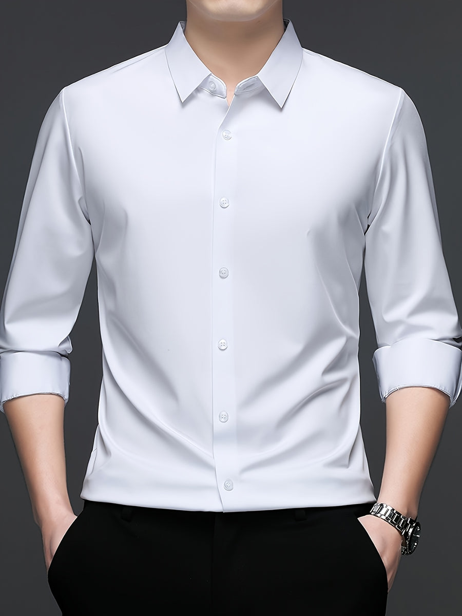 High-end Men's Casual Fashion Wrinkle-Resistant Thin Seamless Stretch Business Solid Color No-Iron Long Sleeve Shirt - White