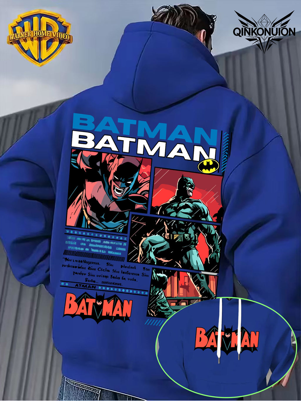 Warner Official Men'S Retro Comic Style Batman Hot-Blooded Trendy Printed Drawstring Hoodie, Warm And Machine Washable for Autumn And Winter, Multifunctional Street Sports And Leisure Loose Edition - Blue