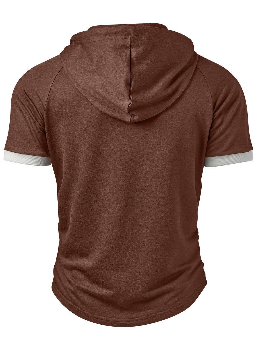 ROYALBOY Spring New Arrival Men's Short Sleeve Outdoor Sports Hoodie with Eyelet Drawstring, Designer Casual Men's Sportswear Top, Suitable for Autumn Outdoor Wear - Coffee Color