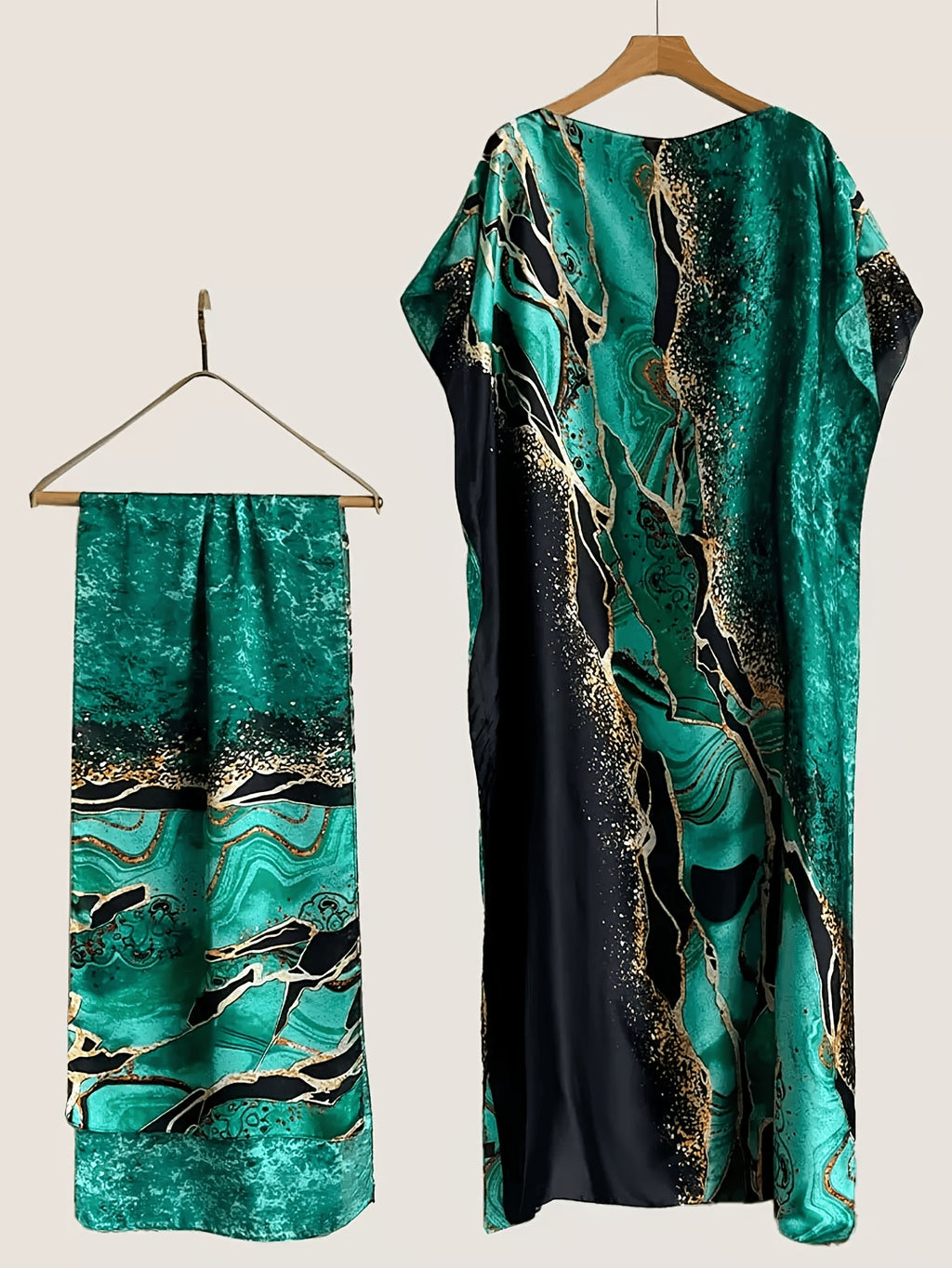 1pc (Kaftan + Headscarf Print Kaftan Set for Women - Loose Batwing Sleeve, Vacation Maxi Dress, Traditional Middle Eastern Attire, Elegant Maxi Gown, Perfect for Evening Banquets, Beach Vacations & Daily Casual Wear - Marble Bright Green