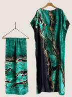 1pc (Kaftan + Headscarf Print Kaftan Set for Women - Loose Batwing Sleeve, Vacation Maxi Dress, Traditional Middle Eastern Attire, Elegant Maxi Gown, Perfect for Evening Banquets, Beach Vacations & Daily Casual Wear - Marble Bright Green