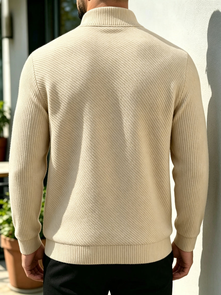 [Saa Xing OBM] Men'S Fashionable All-Match Top, Checkered Texture Half-Zip Stand Collar Long Sleeve Shirt, Casual Pullover Sweatshirt Knitwear, Knit Solid Color Long Sleeve Daily Casual, Sports Fitness Fashion All-Match - Khaki
