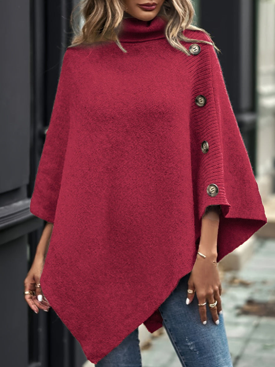 Elegant Special "Slim Fit Bust" 1 Elegant Women's Solid Color High-neck Shawl Pullover, Side Faux Button Decoration, Asymmetrical Design, 100% Polyester, Fashionable and Elegant Vintage Ethnic Style Pullover, Suitable for Spring, Autumn, and Winter - Rose Red