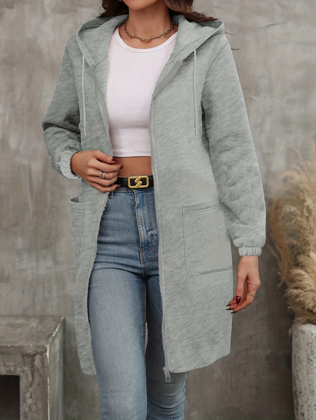 Women's Fashion Solid Color Long Hoodie with Pockets, Zipper, and Drawstring, Practical Design Women's Warm Jacket - Light Grey
