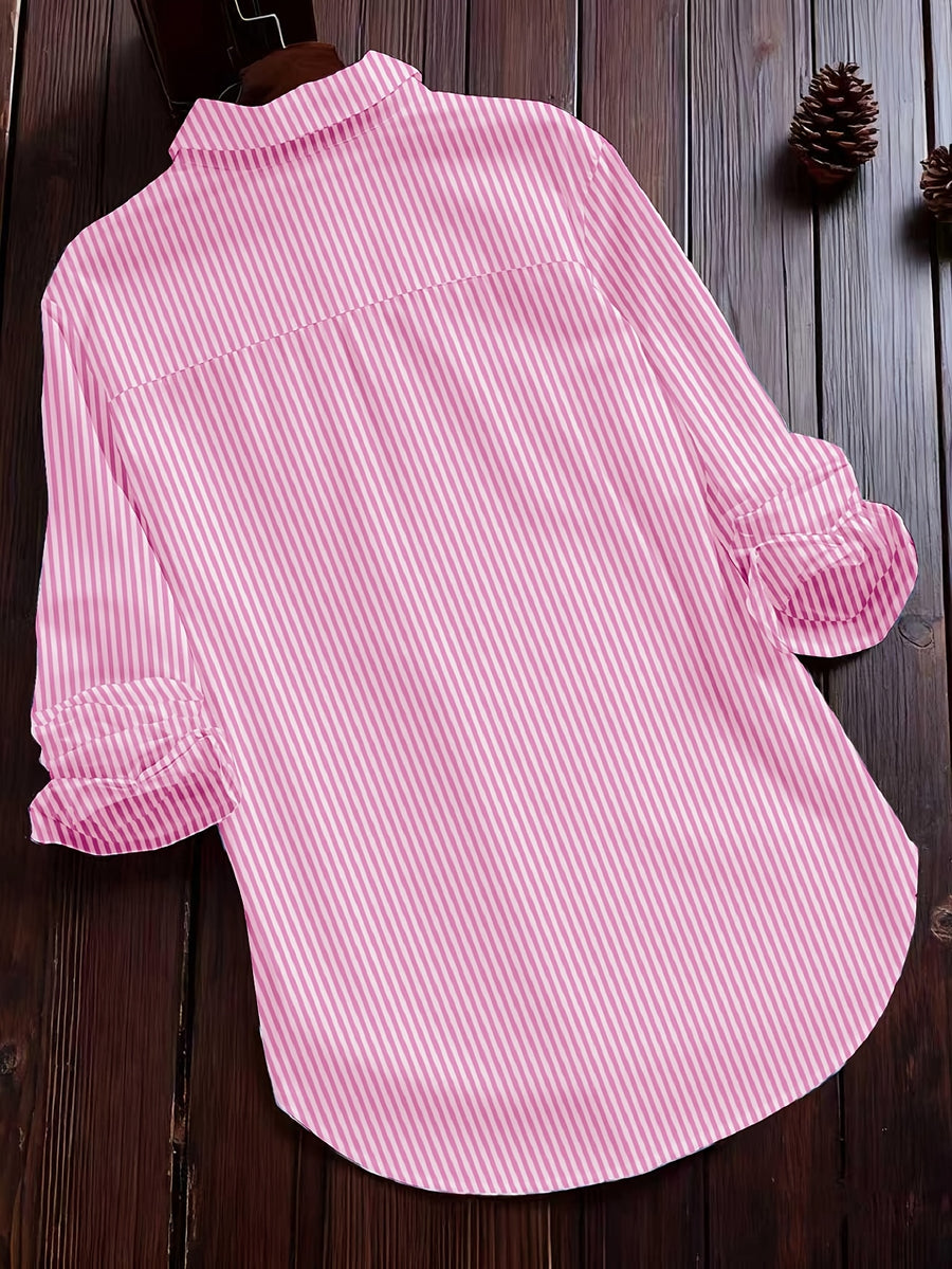 Women'S Autumn Casual Vintage Commute Long Sleeve Checkered Striped Shirt - Pale Pinkish Gray