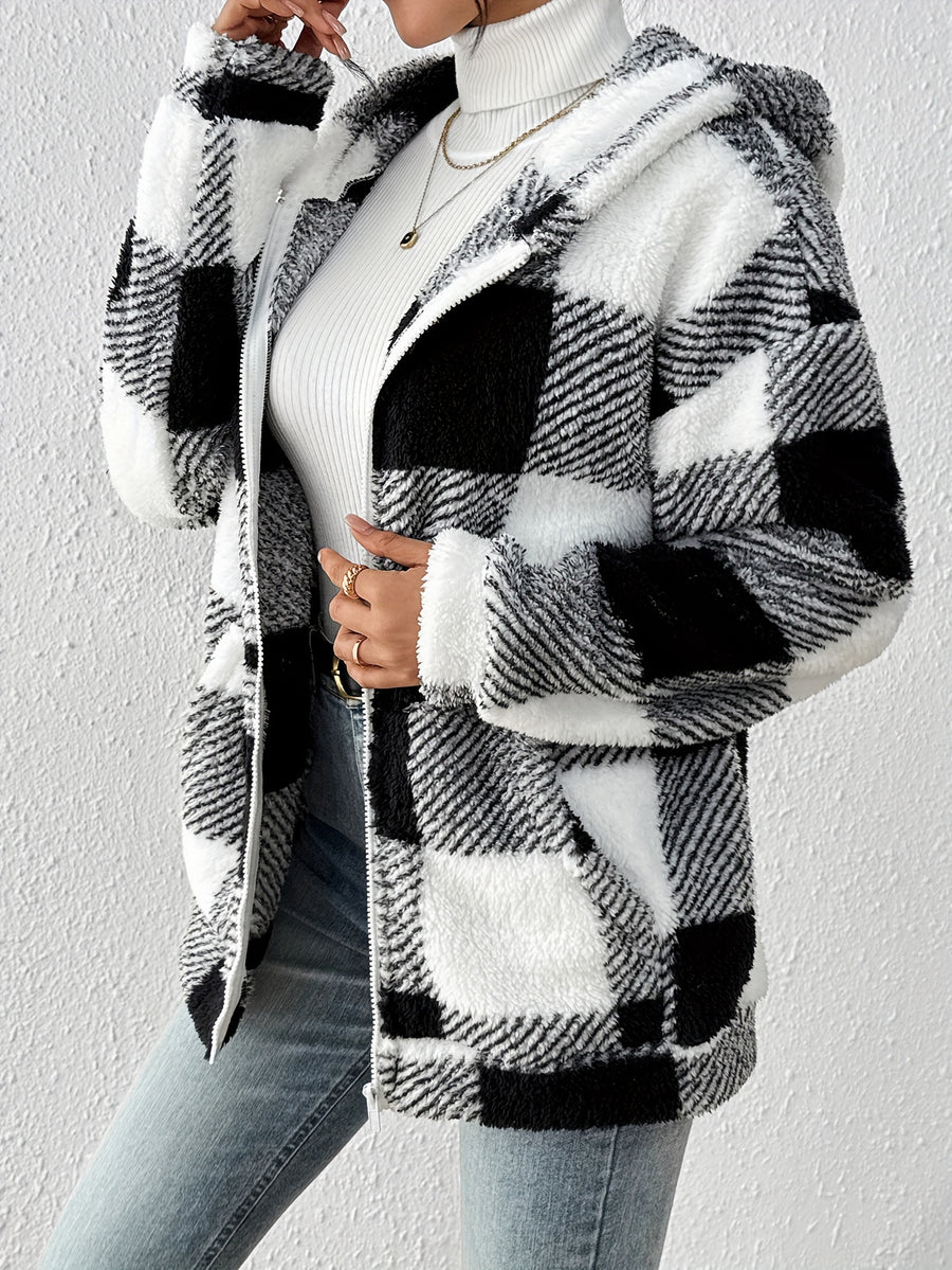 Women's Black and White Plaid Hooded Casual Jacket - Black And White Color