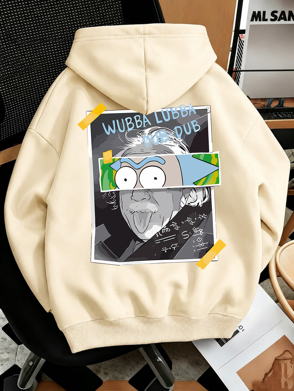 Warner Bros Official Men's Fashion Sweatshirt, Rick's Classic Catchphrase Collage Einstein Polaroid Print Design, Men's Fashion Hoodie Loose Fit with Adjustable Drawstring, -Lined Sweatshirt for Comfortable Fall/Winter Wear, Outdoor Sports Casual - Apricot
