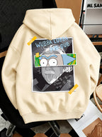 Warner Bros Official Men's Fashion Sweatshirt, Rick's Classic Catchphrase Collage Einstein Polaroid Print Design, Men's Fashion Hoodie Loose Fit with Adjustable Drawstring, -Lined Sweatshirt for Comfortable Fall/Winter Wear, Outdoor Sports Casual - Apricot