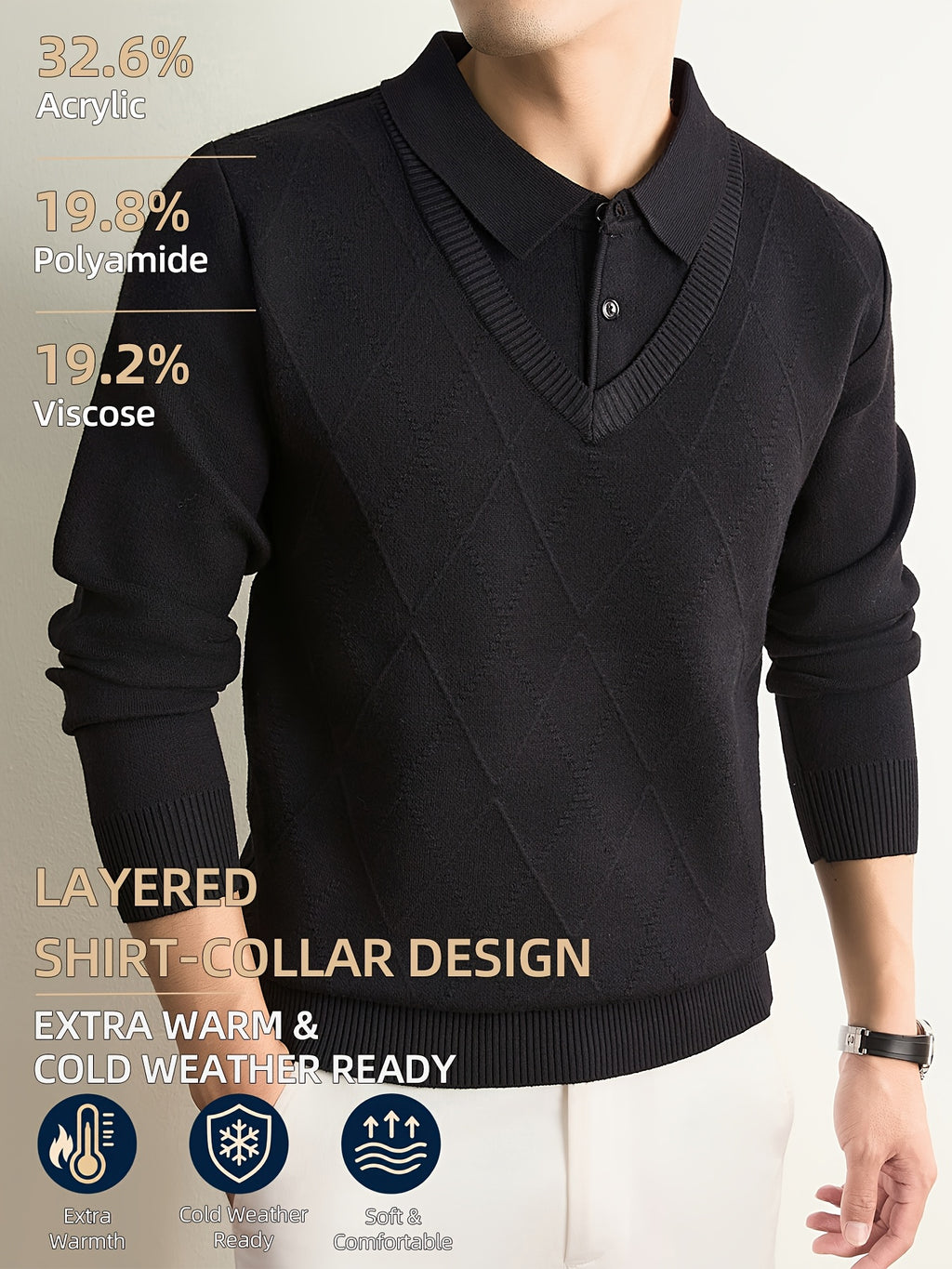 Men's Grey Polo Sweater, Faux 2pcs Shirt-Collar Design, V-Neck & Subtle Diamond Knit Pattern, Classic Refined Style, Warm Autumn Winter Pullover for Casual Wear, Golf & Outdoor Activities - Black