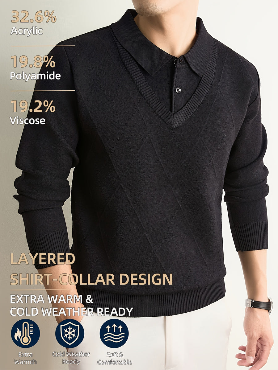 Men's Grey Polo Sweater, Faux 2pcs Shirt-Collar Design, V-Neck & Subtle Diamond Knit Pattern, Classic Refined Style, Warm Autumn Winter Pullover for Casual Wear, Golf & Outdoor Activities - Black