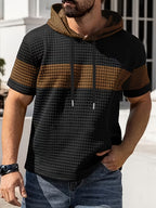 Men'S Summer Essential Hooded Short Sleeve T-Shirt, Casual Loose Fit, Breathable And Wrinkle-Resistant Fabric, Durable And Non-Deformable, Drawstring Hood Design, Arched Hem for Body Shaping, Statement Color Block for Trendy Appeal - Camel