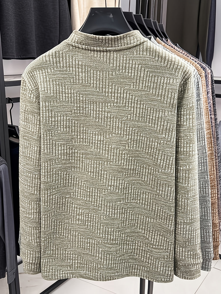 Men's Henley Collar Single-Button Long-Sleeve T-Shirt, Textured Jacquard Knit Top, Spring/Autumn Business Casual Daily Commute Base Layer Shirt - Khaki 1