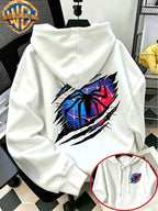 Warner Bros Official Autumn/Winter Casual Sporty Loose Hooded Sweatshirt, Red and Blue Ripped Claw Mark Spiderweb Trendy Cool Vintage Print, Men's Casual Versatile Adjustable Drawstring Sweatshirt, Comfortable and Casual Autumn/Winter Apparel - White