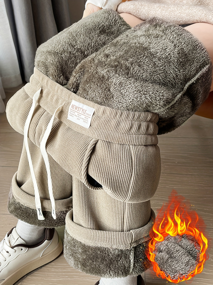Women's Wide-Leg Winter Pants with Cord Skirt - Thickened Warmth Suitable for Cold Weather, Elegant Loose-Fit Full-Length Trousers, All-Season Casual & Dressy Wear (No Belt Required) - Oatmeal Color