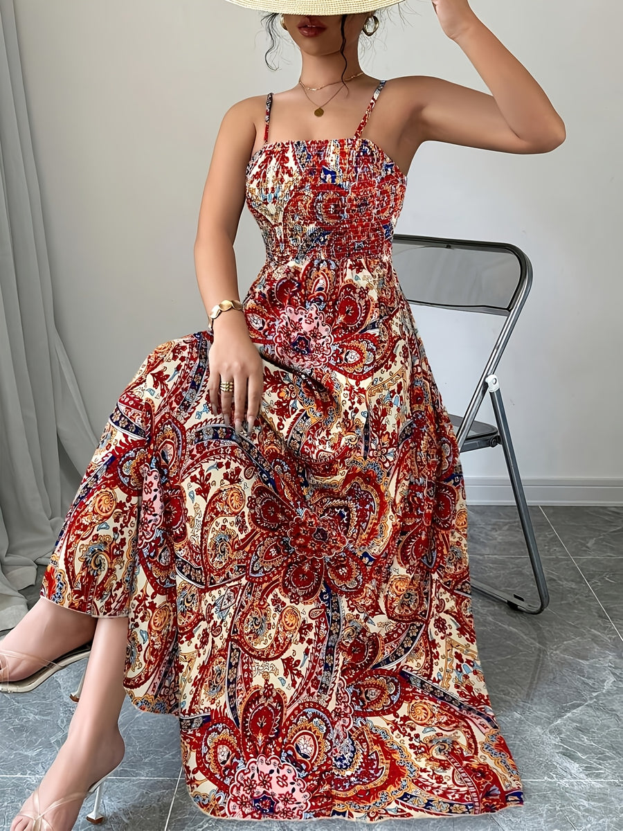 Paisley Print Spaghetti Suspender Dress, Long Vacation Casual Beachwear for Women - 【Multi Color】