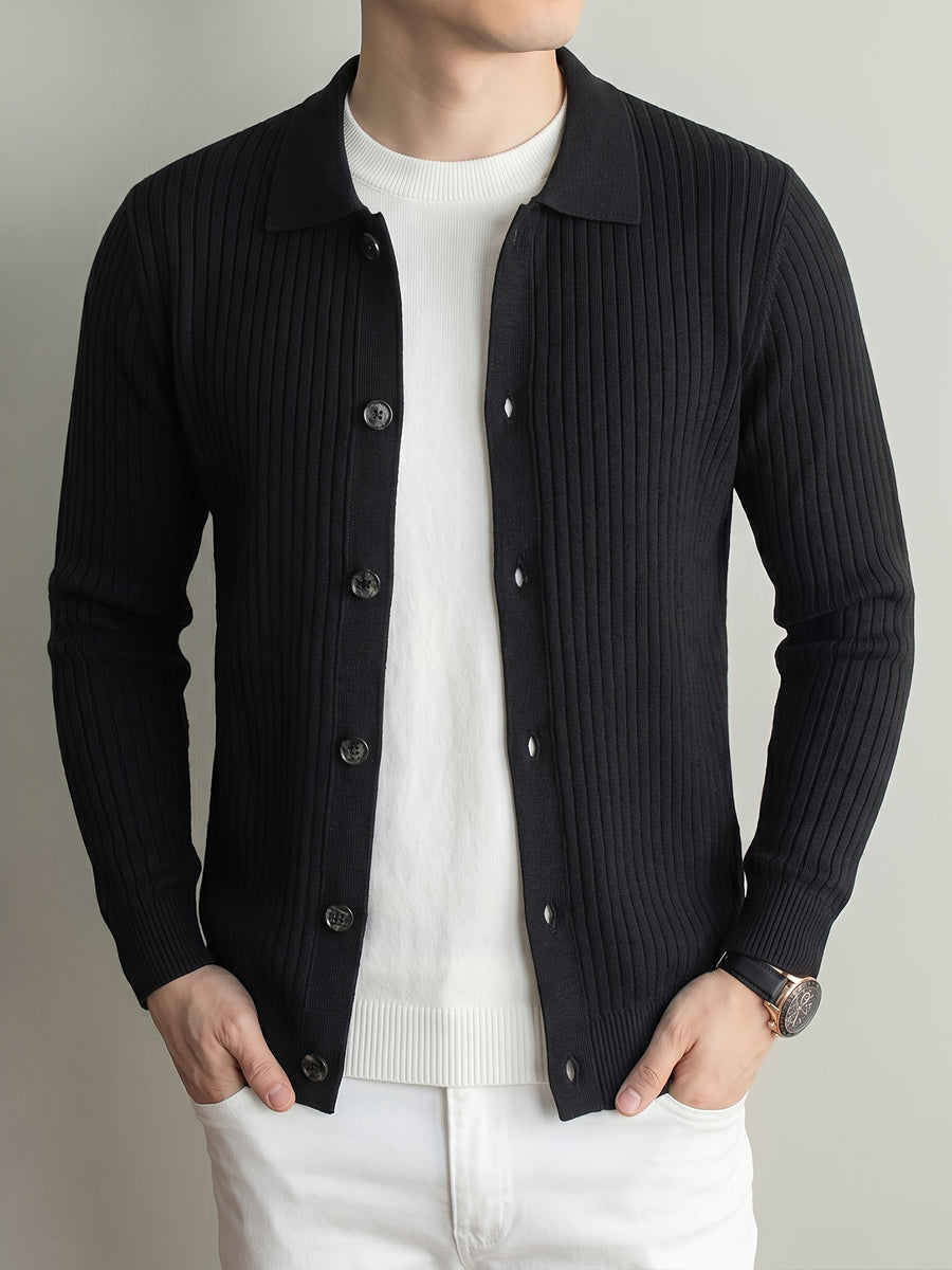 Men's Thick Knit Cardigan for Autumn & Winter, Classic Polo Collar, Solid & Striped Minimal Design, Old Money Style Warm Soft Sweater, Ideal Gift for Dad - Black