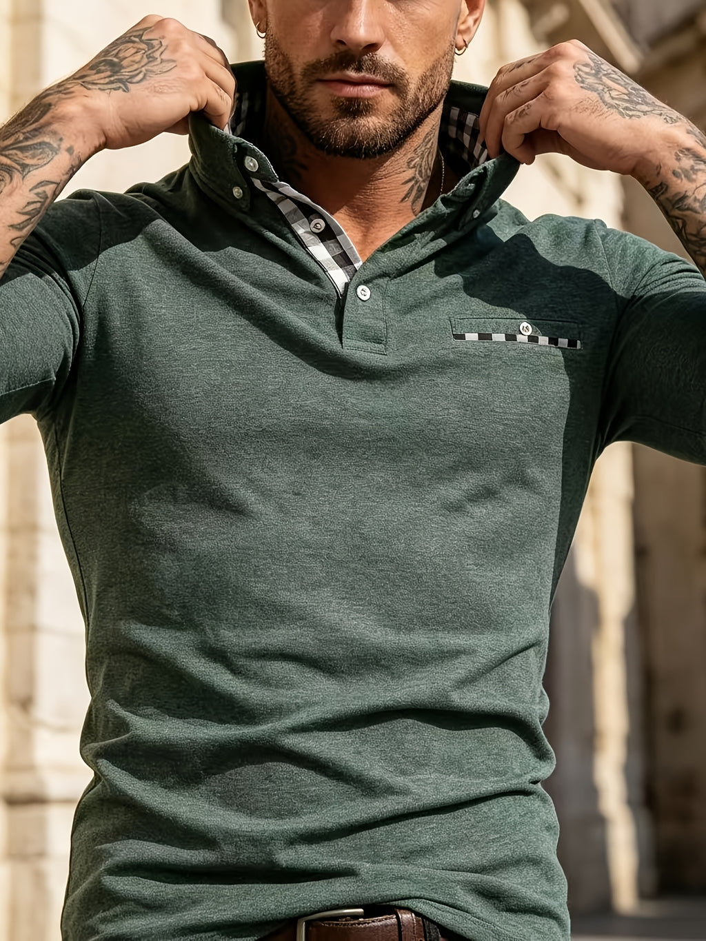 EnglishContrast Pocket Long Sleeve Collared Polo Stretch Slim Fit Business Casual Men T Shirt - Olive Green