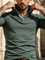 EnglishContrast Pocket Long Sleeve Collared Polo Stretch Slim Fit Business Casual Men T Shirt - Olive Green
