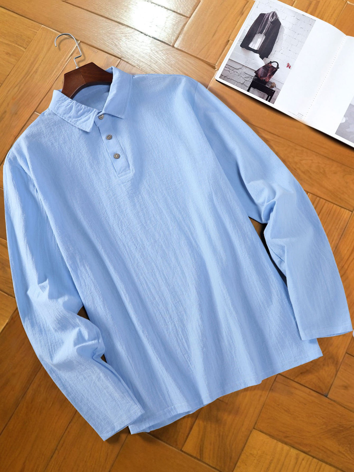 Men's Fashion Long-Sleeve Linen Shirt - Seaside Vacation Casual Top, Button-Up with Half-Open Placket, Lightweight, Loose, and Comfortable, Perfect as a Summer T-Shirt or Gift - Sky Blue