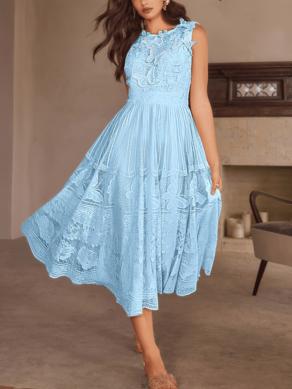 Wedding Guest Dress Women'S New Temperament Elegant Sleeveless Lace Floral Pattern A-Line Skirt Long Dress - Light Blue