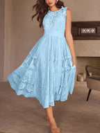 Wedding Guest Dress Women'S New Temperament Elegant Sleeveless Lace Floral Pattern A-Line Skirt Long Dress - Light Blue
