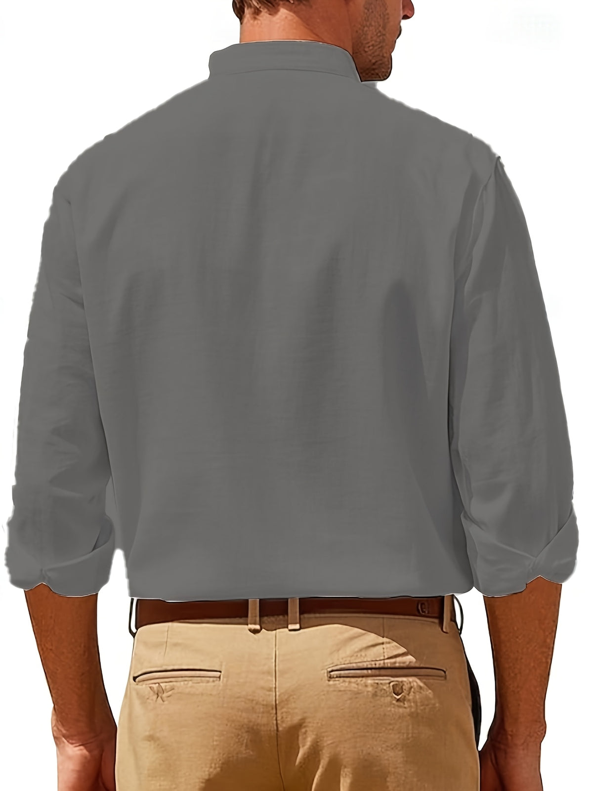 Spring New Men'S Linen Mandarin Collar Long Sleeve Shirt, Neo-Chinese Minimalist Style, Breathable Linen Fabric, Versatile Business Casual, Great Gift for Elders And Boyfriends, 1pc. Gift Box And Props Are for Decorative Purposes Solely - Grey