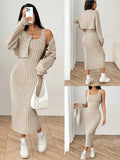 Autumn Cardigan Long Sleeve Short Top And Dress Set - Khaki