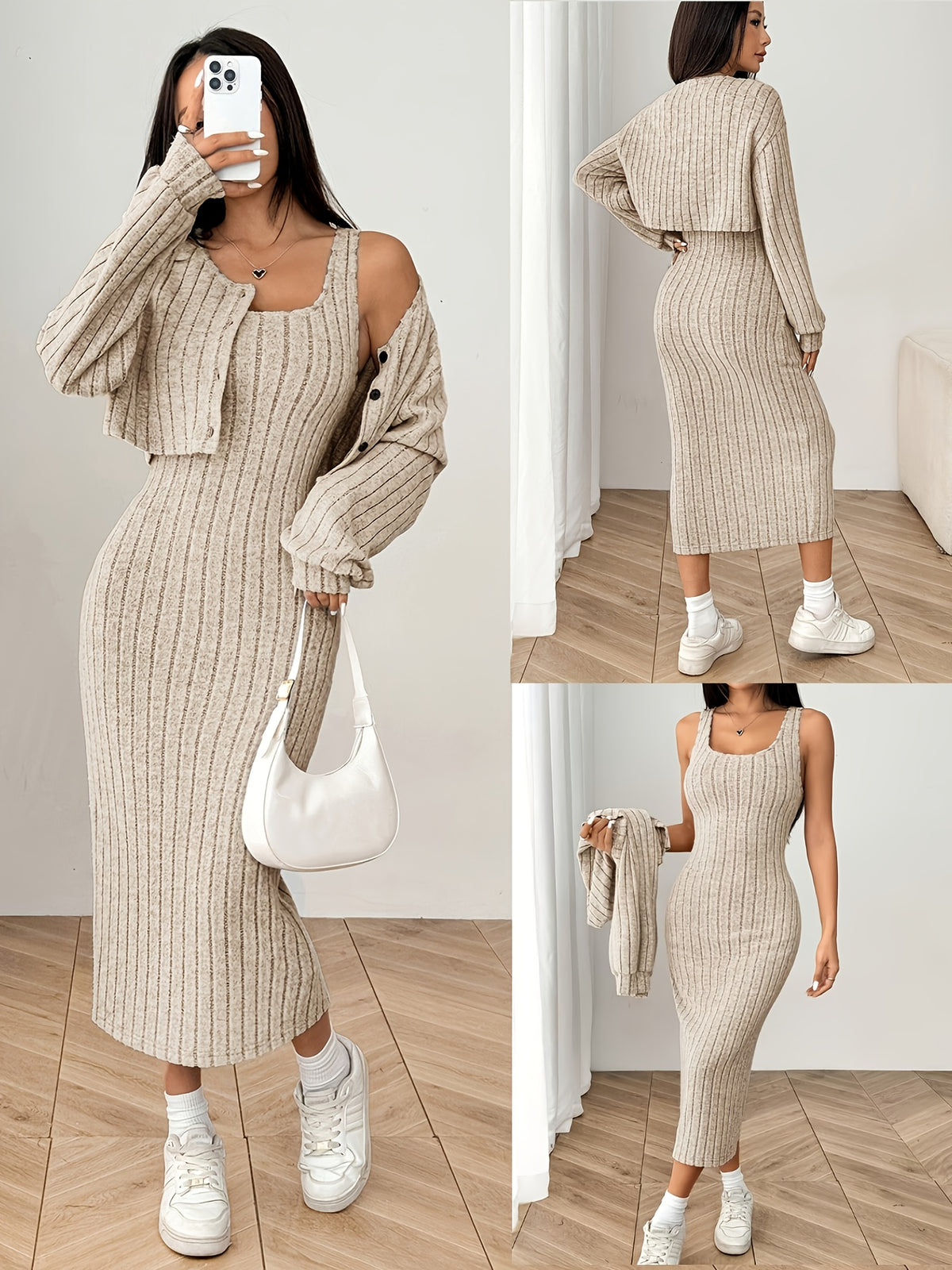 Autumn Cardigan Long Sleeve Short Top And Dress Set - Khaki