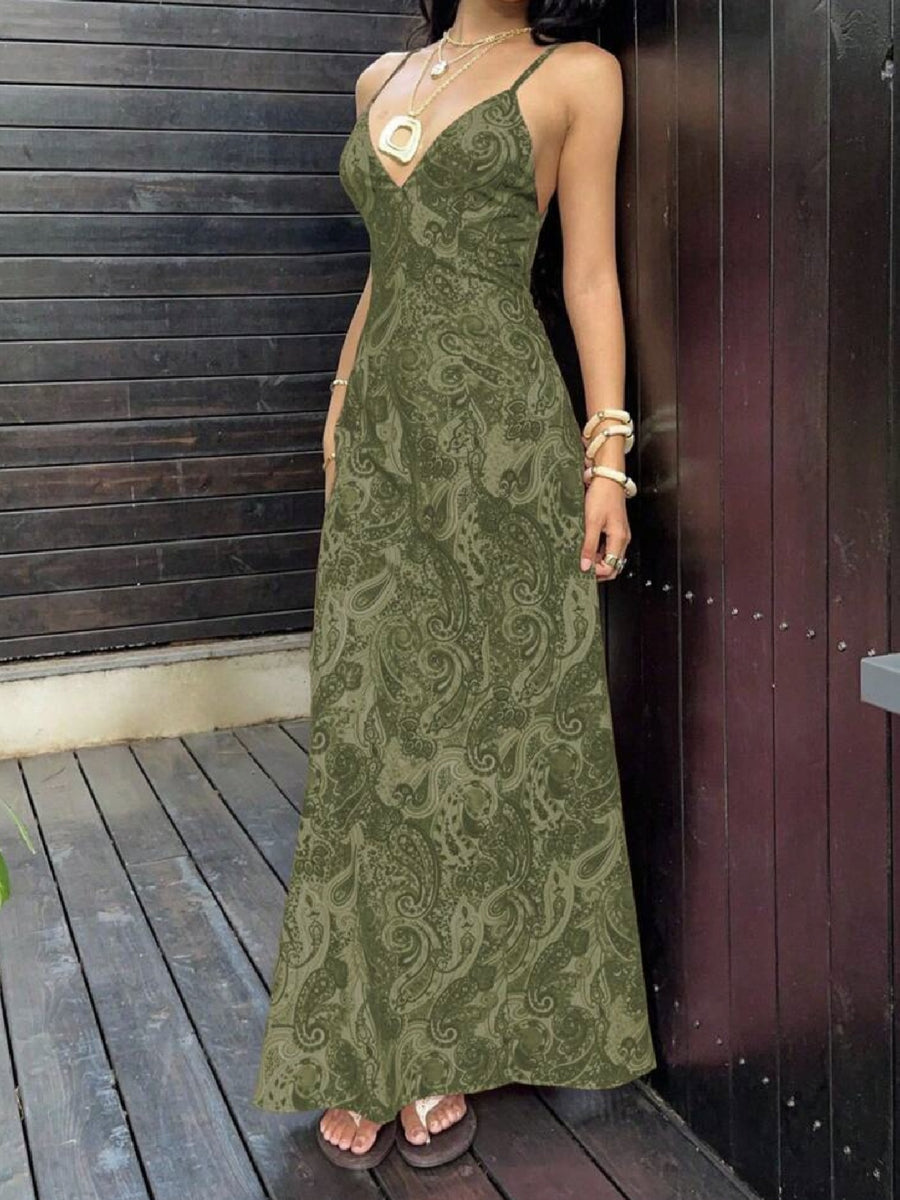 Women'S Elegant Pink Floral Suspender Deep V-Neck Open Back Tie Waist Dress Suitable for Dating Parties Gatherings Beach Vacations - Olive Green