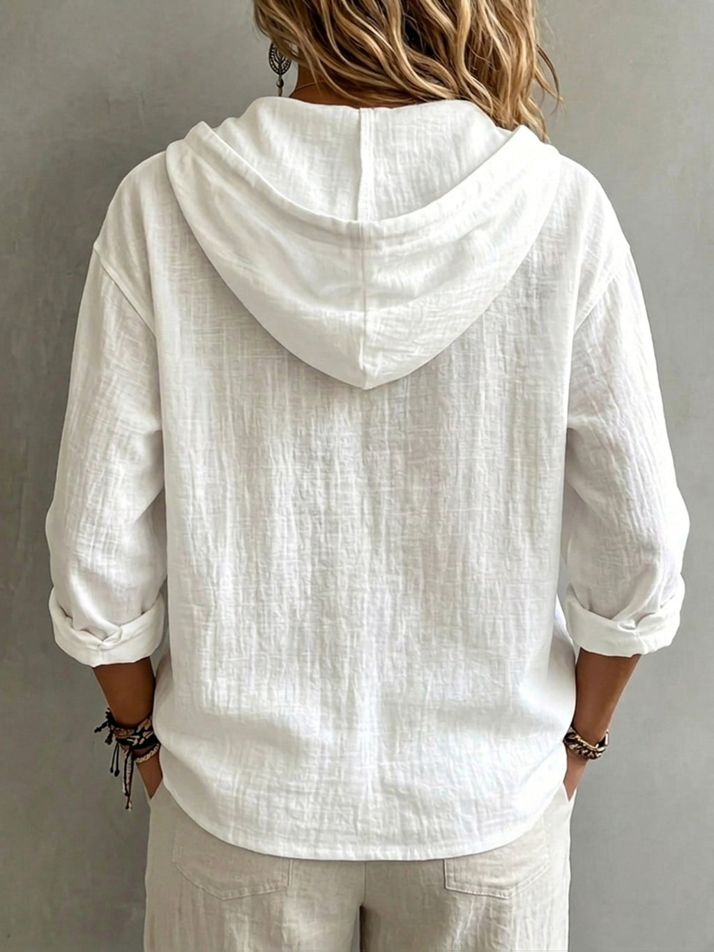 Women's Casual Solid Color Pure Single-Breasted Drawstring Hooded Long-Sleeve Shirt, Loose and Comfortable for Daily Wear, Gatherings, and Office - White