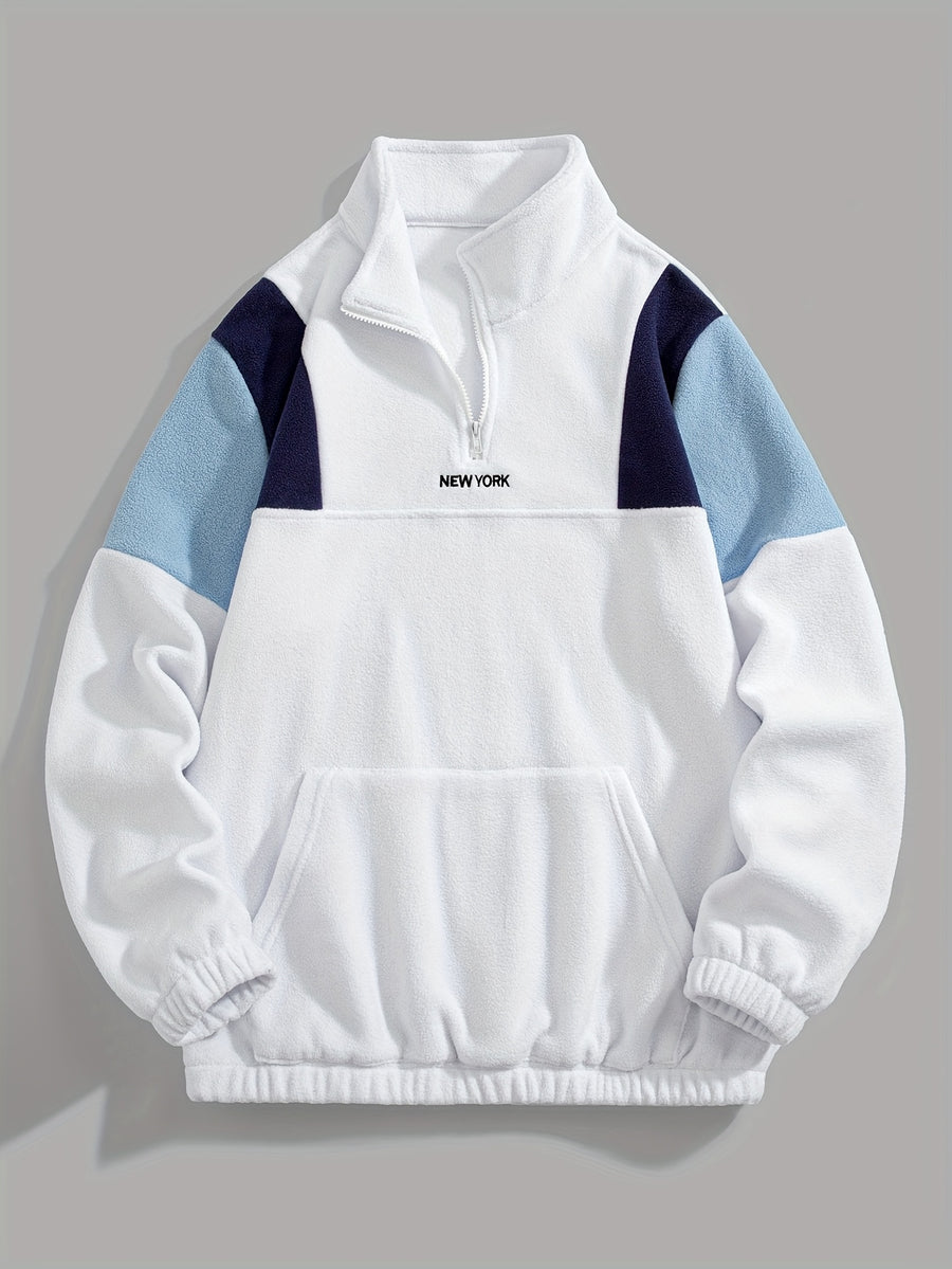 Fleece Color-Blocked Spliced Letter Embroidered Zip-Up Sweatshirt, Men'S Mid-High Collar Half-Zip Pullover Warm Outerwear, Men'S Casual Sportswear with a Trendy Street And Collegiate Style, Suitable for Daily Wear And Casual Outdoor Activities - White