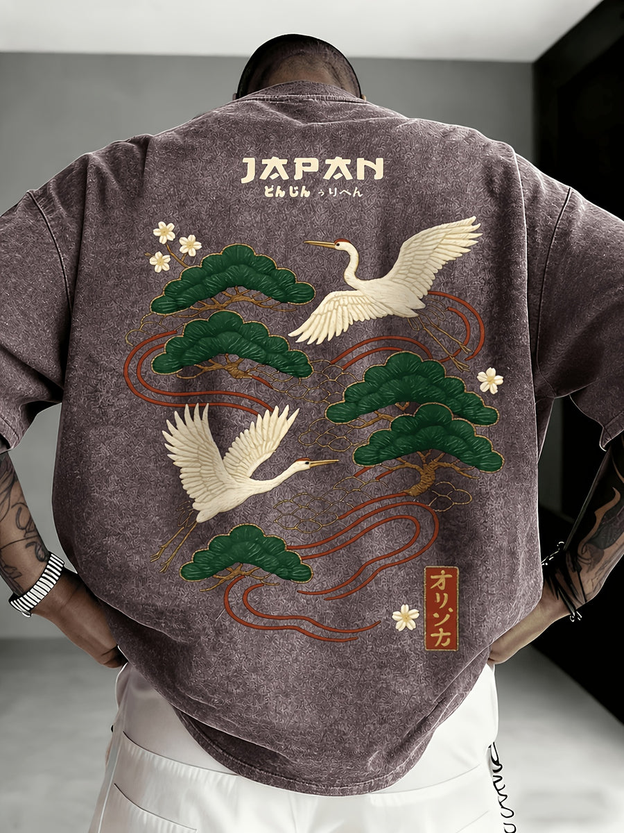 Printed Design - Not Textured: Tang Yunshu American Sporty Style Trendy Men's Japanese National Chic Printed Short Sleeve Shirt, Distressed Washed Finish + Exquisite Crane and Pine Tree Pattern, Crisp Wrinkle-Resistant and Wear-Resistant Fabric - Light Purple