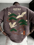 Printed Design - Not Textured: Tang Yunshu American Sporty Style Trendy Men's Japanese National Chic Printed Short Sleeve Shirt, Distressed Washed Finish + Exquisite Crane and Pine Tree Pattern, Crisp Wrinkle-Resistant and Wear-Resistant Fabric - Light Purple