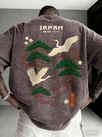 Printed Design - Not Textured: Tang Yunshu American Sporty Style Trendy Men's Japanese National Chic Printed Short Sleeve Shirt, Distressed Washed Finish + Exquisite Crane and Pine Tree Pattern, Crisp Wrinkle-Resistant and Wear-Resistant Fabric - Light Purple