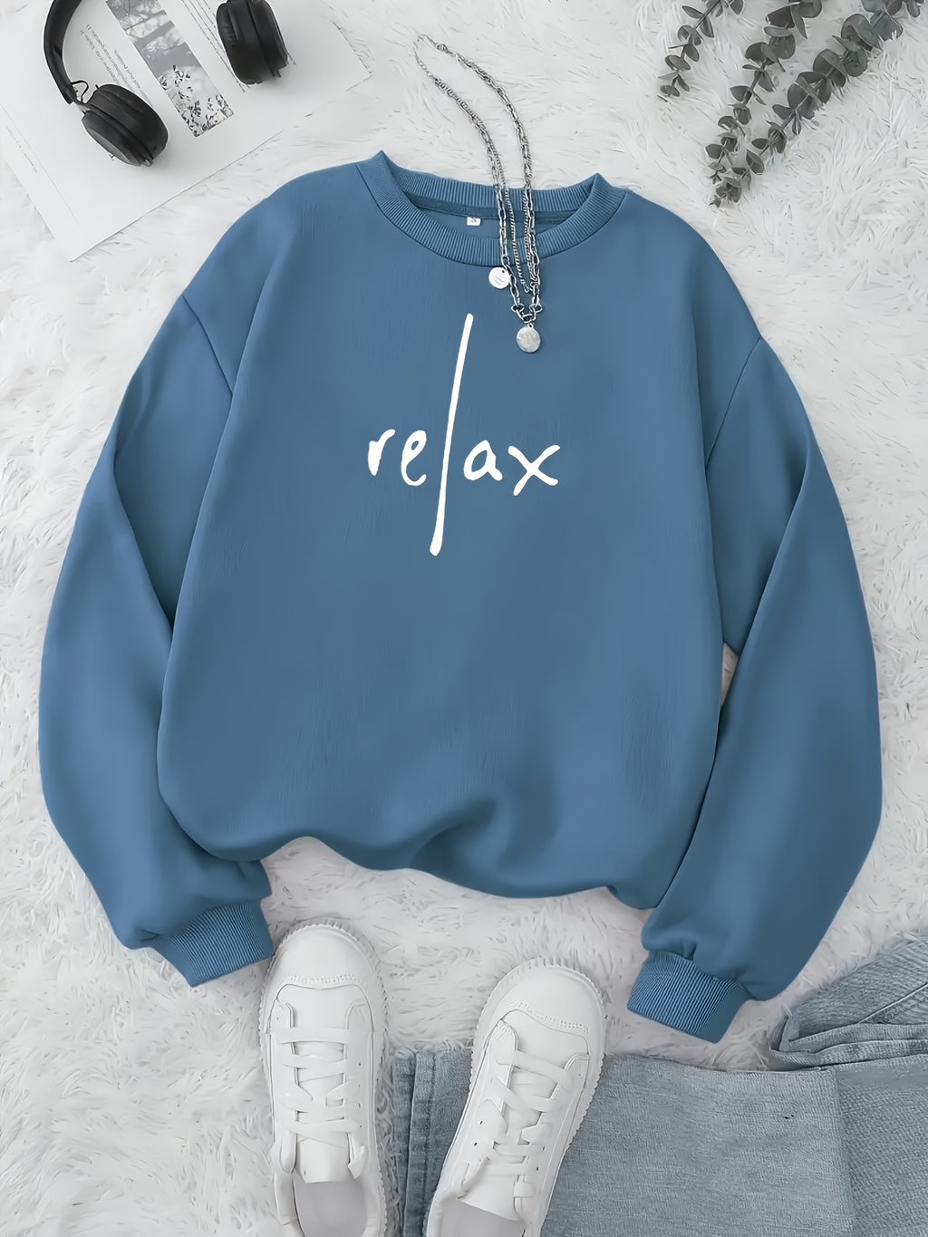 Women'S Fashion Round Neck Letter Pattern Print Casual Sweatshirt - Peacock Blue