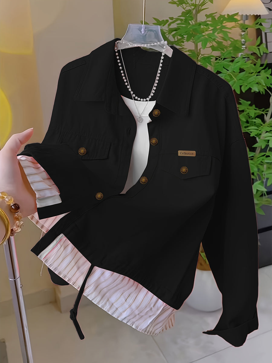 Spring and Autumn Fashion Striped Patchwork Top - Black