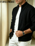 FORLENGKE Men'S Business Casual Stand Collar Full Zip Vertical Ribbed Knit Cardigan, Soft Thick Loose Long Sleeve Sweater Jacket for Fall Winter Office Daily Wear - Black