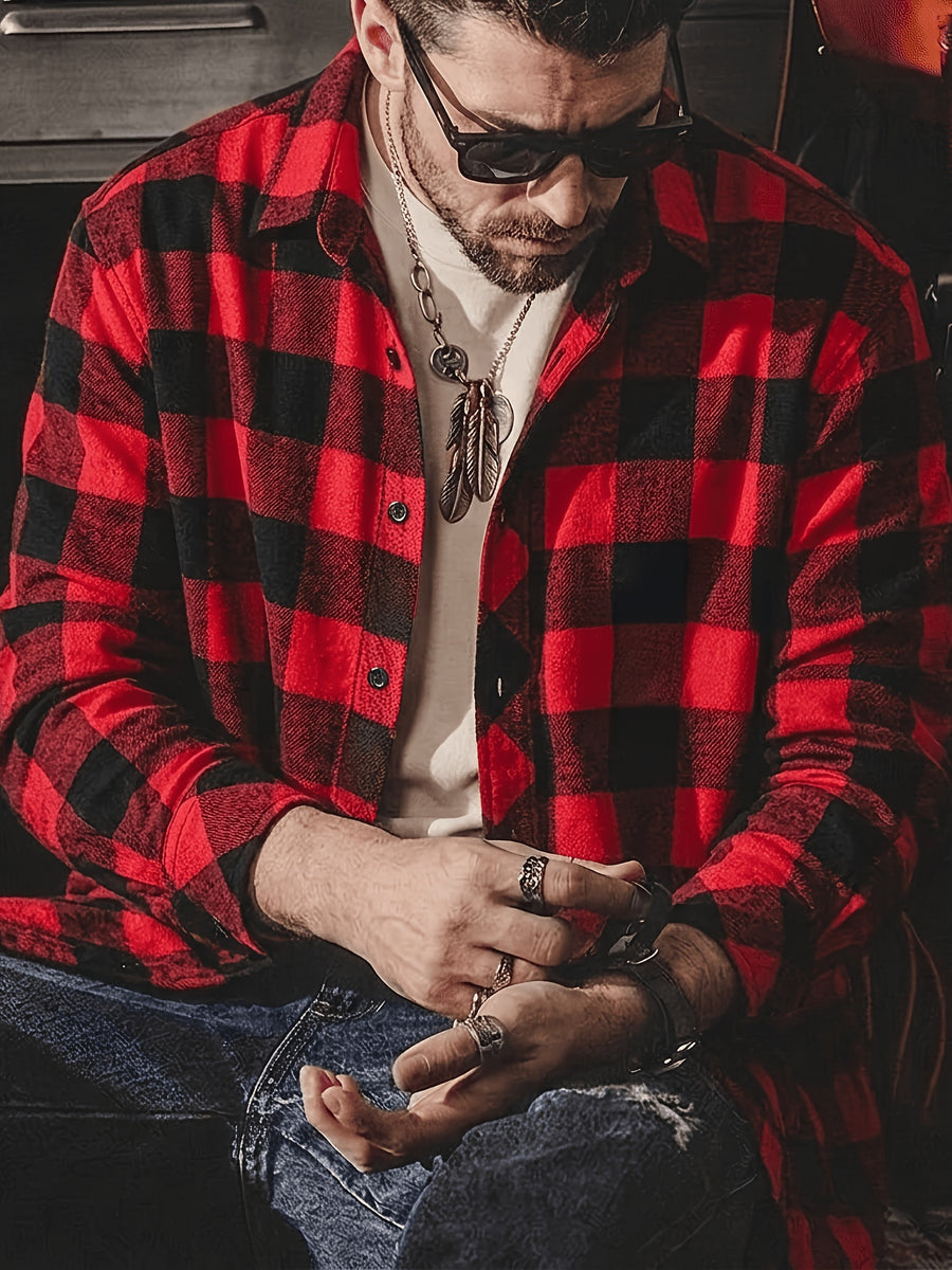 New Trendy Men'S Brushed Checkered Shirt Fall Winter Casual Jacket Outerwear - Scarlet Red